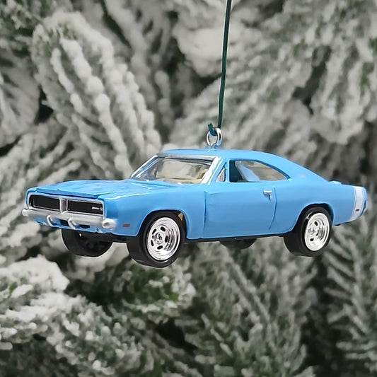 DODGE 1969 CHARGER R/T Ornament Christmas Tree Decoration Gift Light Blue Hood Opens