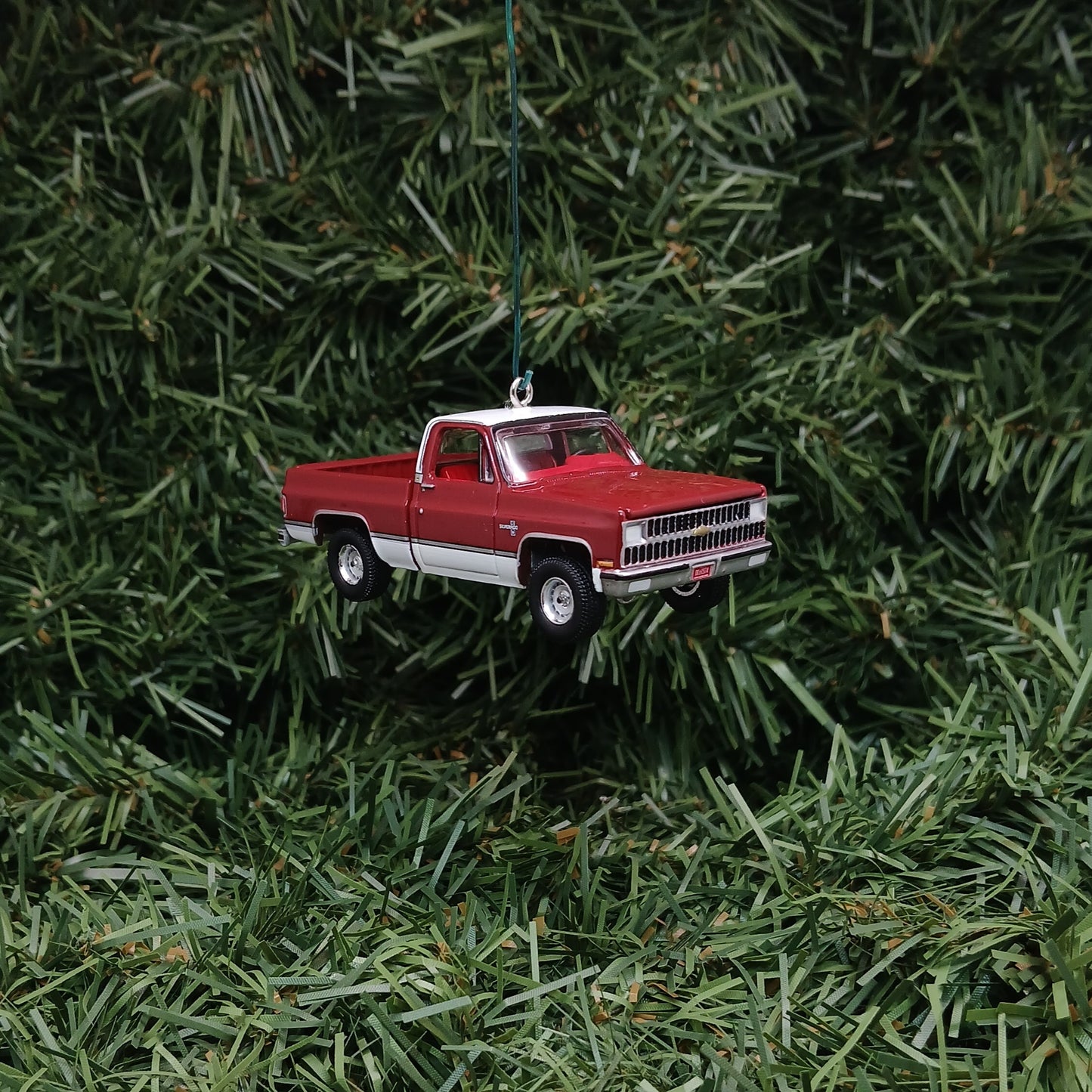 Chevy 1981 C-10 Silverado Ornament Christmas Gift Chevrolet Fleetside Short Bed Truck Carmine Red White