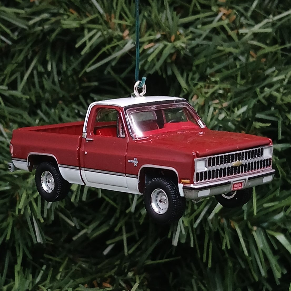 Chevy 1981 C-10 Silverado Ornament Christmas Gift Chevrolet Fleetside Short Bed Truck Carmine Red White