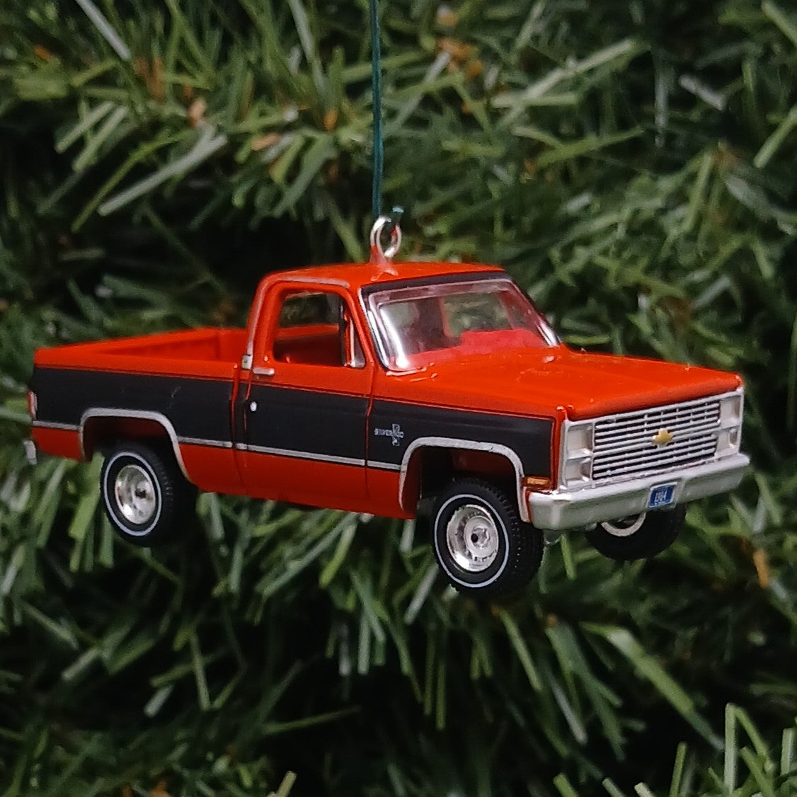 Chevy 1984 C-10 Silverado Ornament Christmas Gift Chevrolet Fleetside Short Bed Truck Red-Orange Black