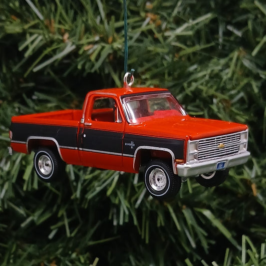 Chevy 1984 C-10 Silverado Ornament Christmas Gift Chevrolet Fleetside Short Bed Truck Red-Orange Black