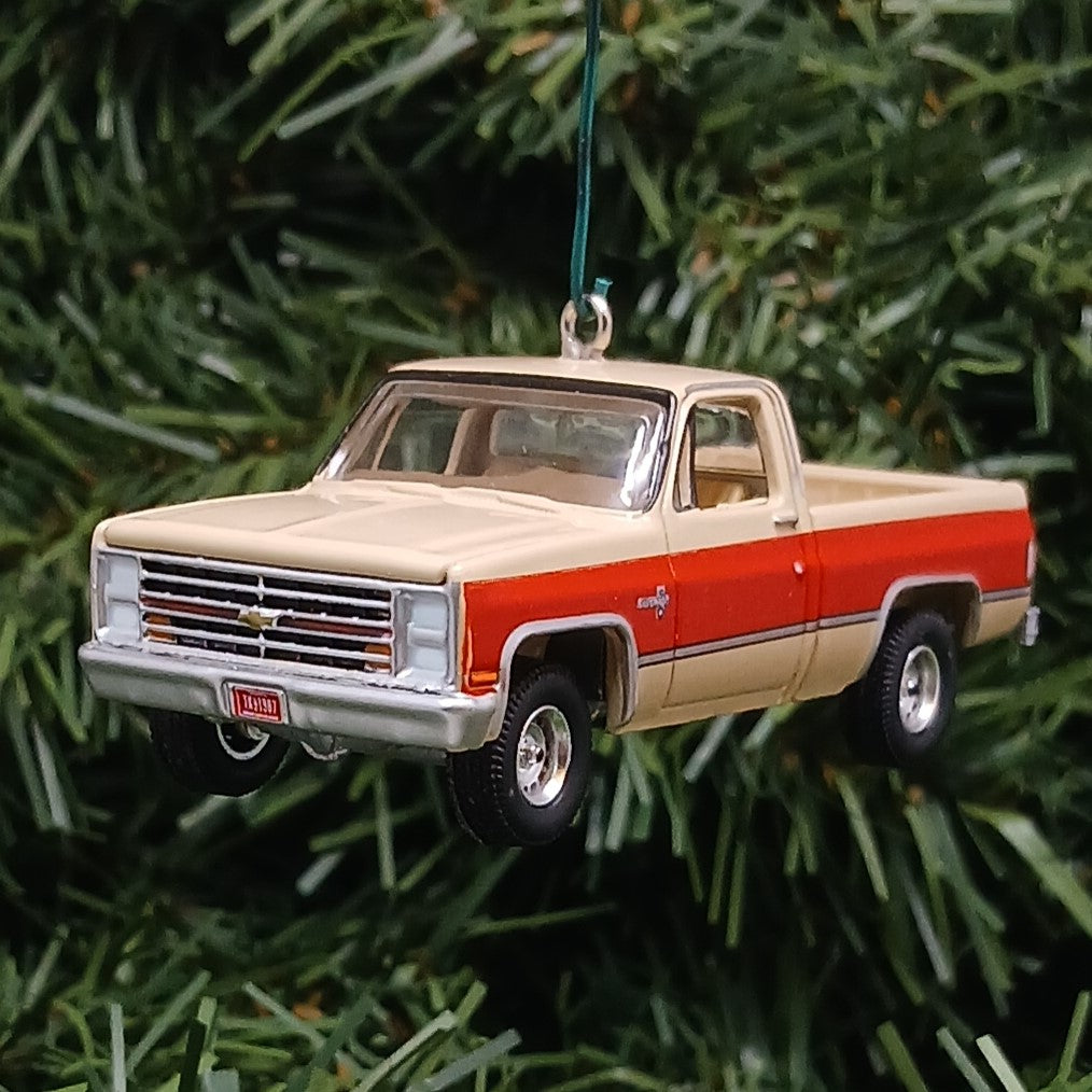 Chevy 1987 R10 Truck Ornament Christmas Gift Chevrolet Fleetside Short Bed Truck Tan Bright-Red