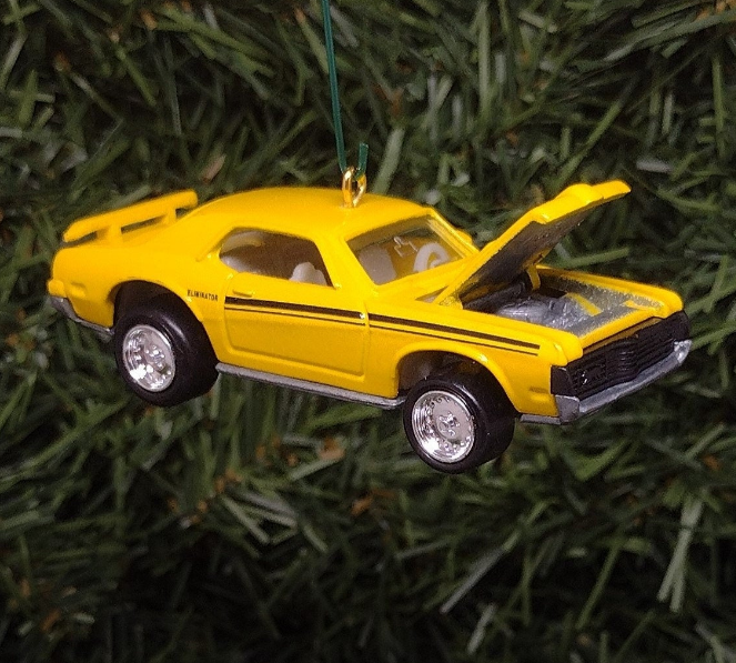 Mercury Cougar Ornament 1969 Eliminator Christmas Tree Decoration Unique Gift Idea Yellow Hood Opens