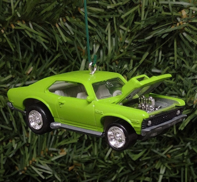 Chevy Nova Ornament 1972 Chevrolet Christmas Tree Decoration Unique Gift Idea Green Hood Opens