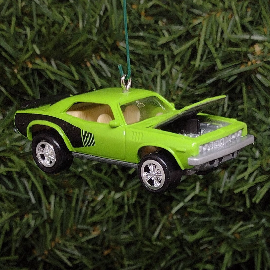 Plymouth Barracuda Ornament 1971 Hemi Cuda Mopar Christmas Tree Decoration Unique Gift Idea Lime Green Hood Opens