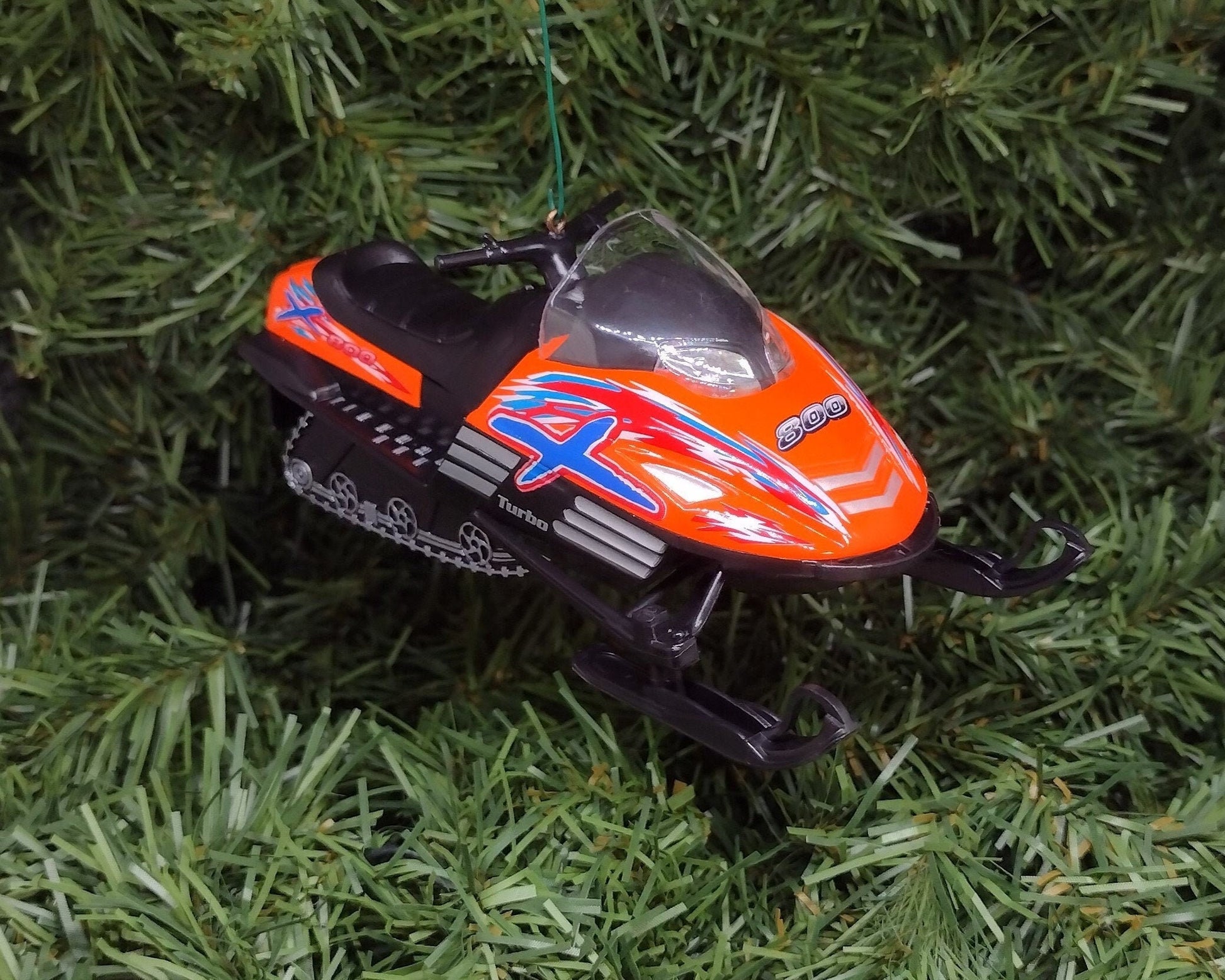 Snowmobile Ornament Christmas Tree Decoration Fun Automotive Xmas Gift Idea 5 inches long snow machine sled orange