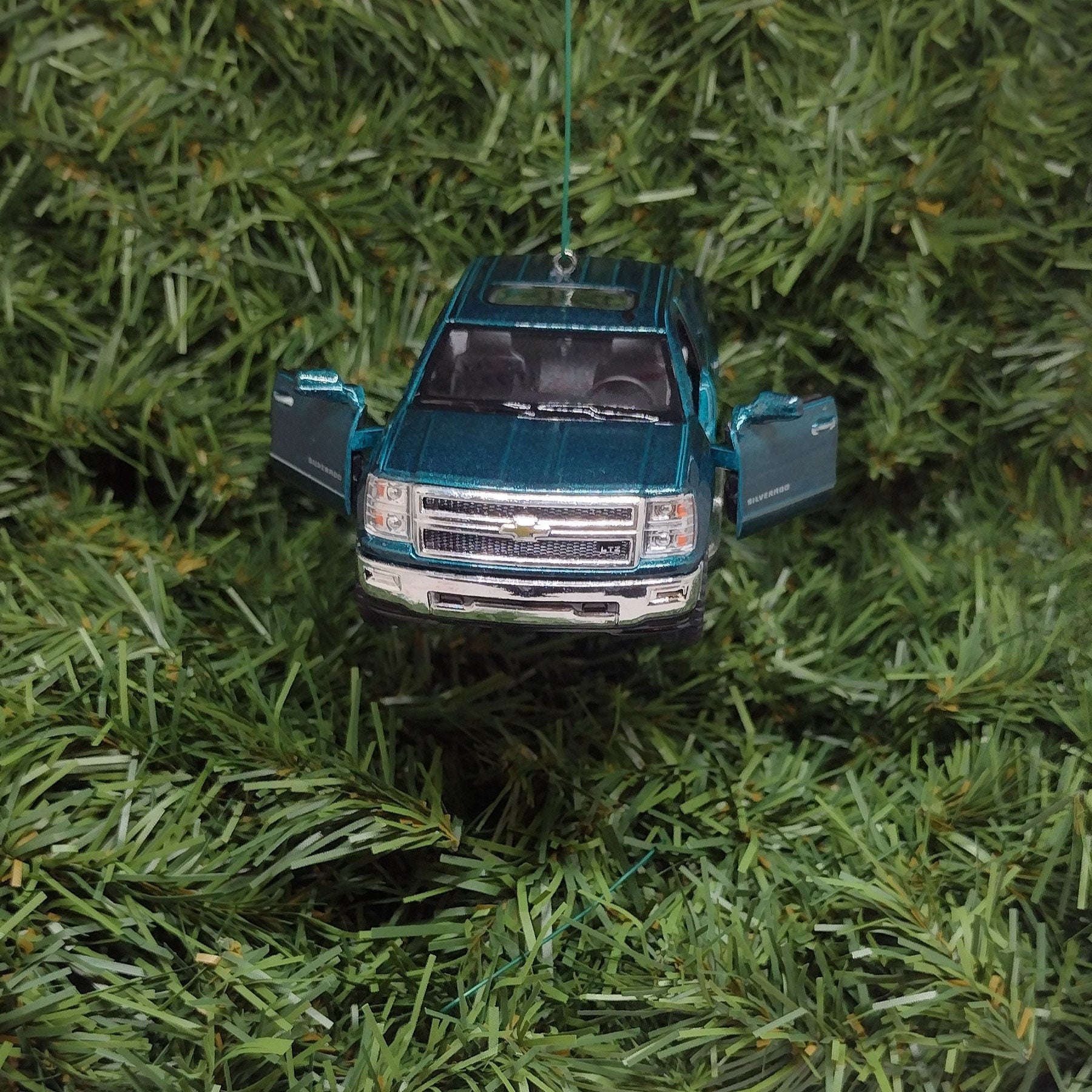 Chevy Silverado Ornament Christmas Tree Decoration Fun Automotive Xmas Gift Idea 5 inches long Green Chevrolet pickup truck