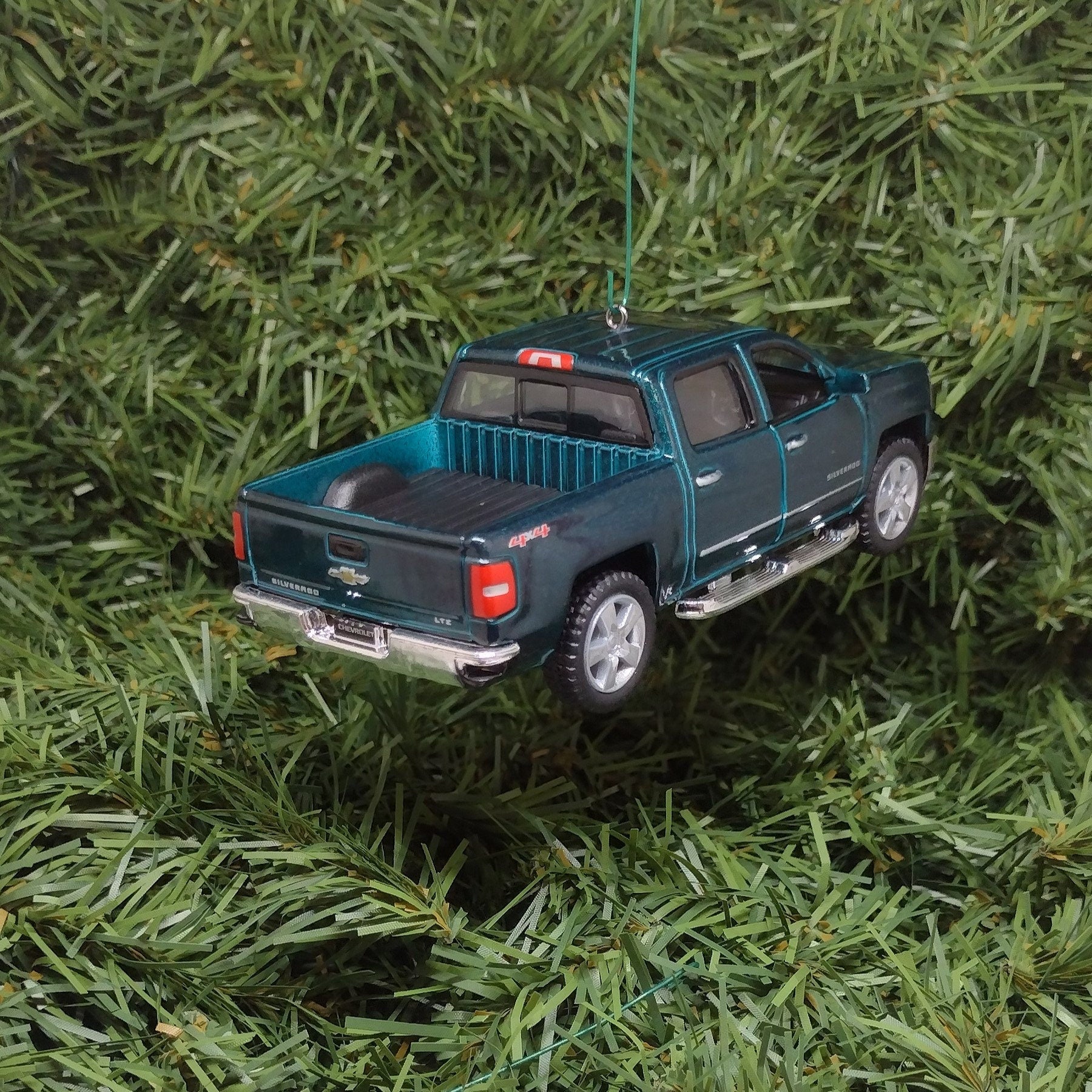 Chevy Silverado Ornament Christmas Tree Decoration Fun Automotive Xmas Gift Idea 5 inches long Green Chevrolet pickup truck