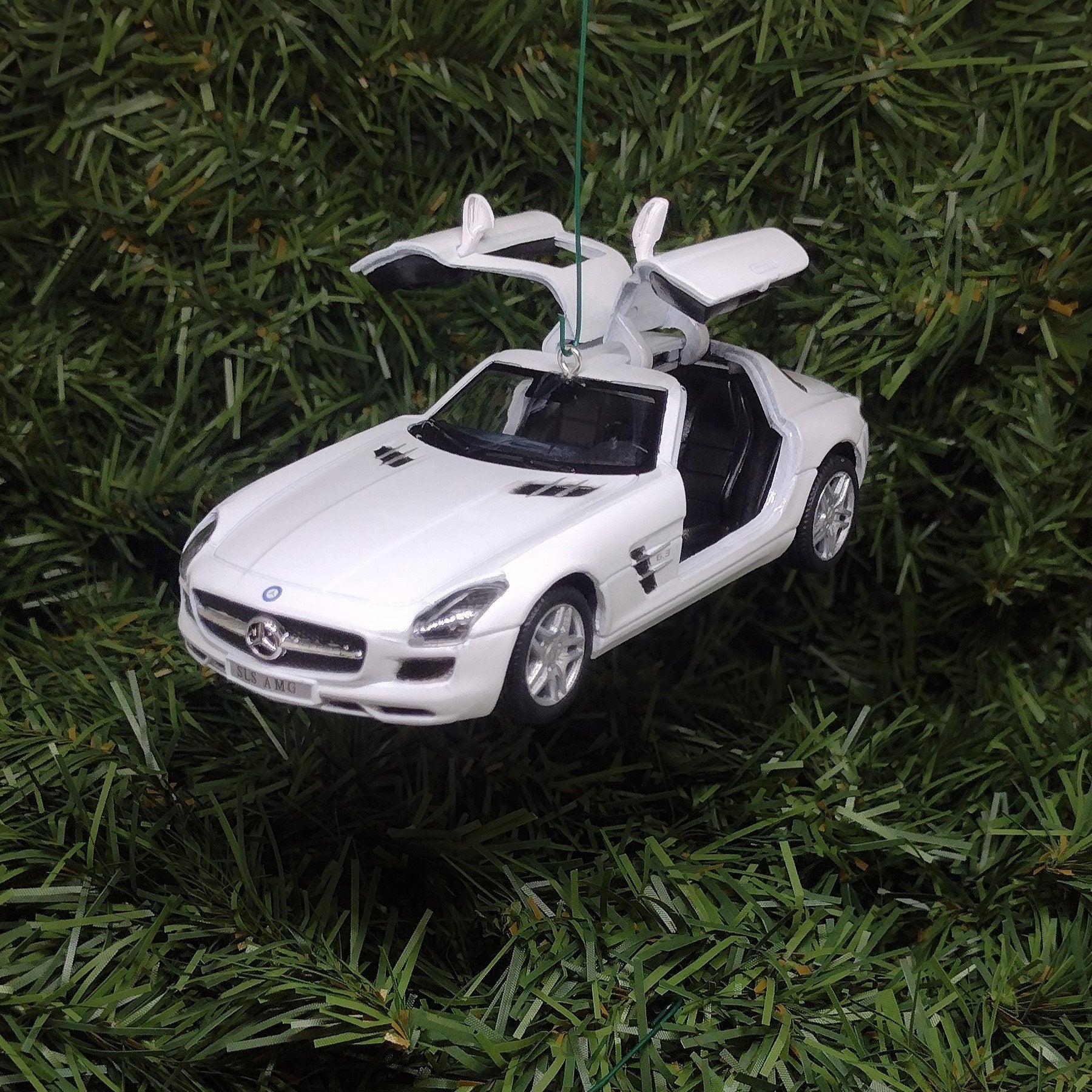 Mercedes SLS AMG Ornament Christmas Tree Decoration Fun Automotive Xmas Gift Idea 5 inches long 2010-2015 White