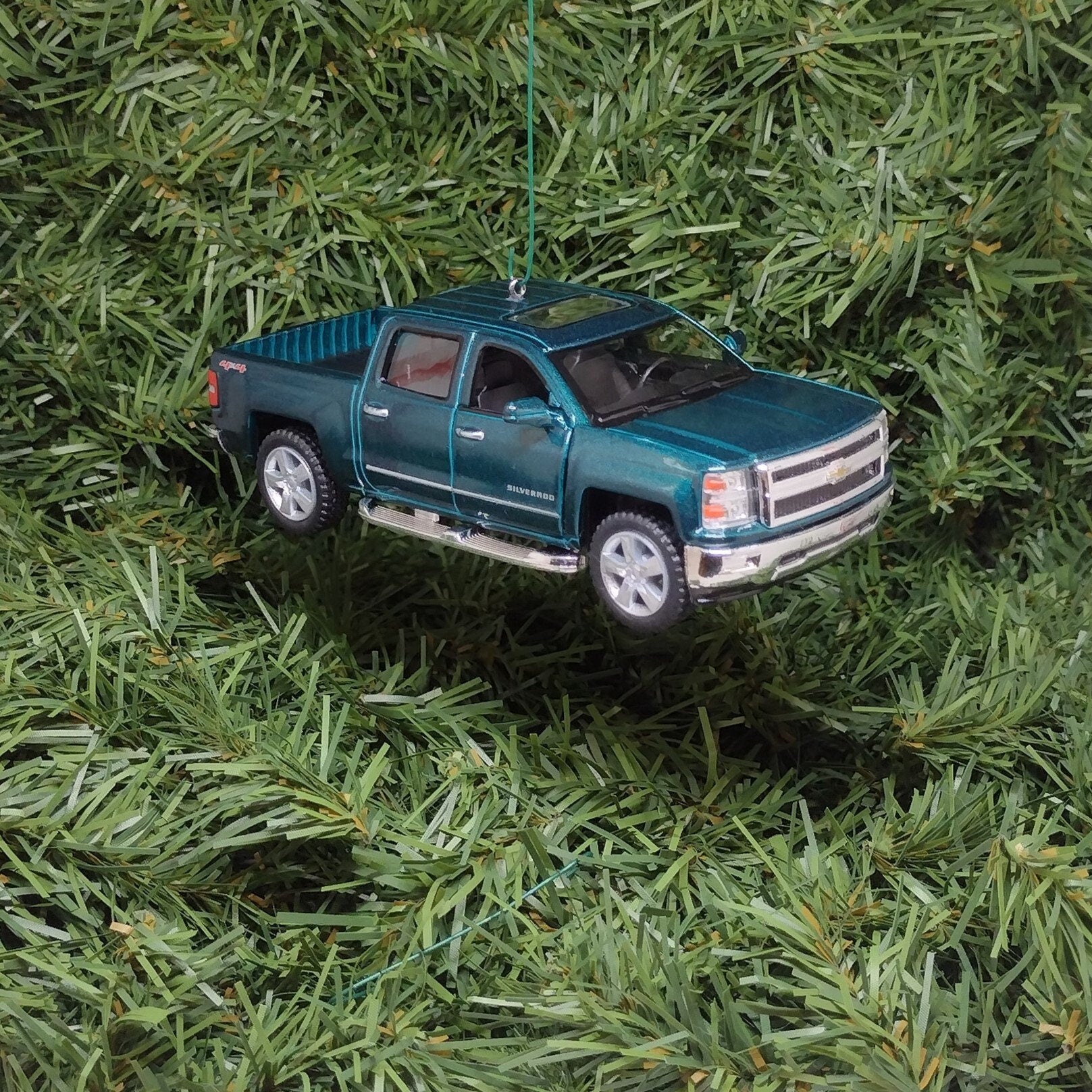 Chevy Silverado Ornament Christmas Tree Decoration Fun Automotive Xmas Gift Idea 5 inches long Green Chevrolet pickup truck