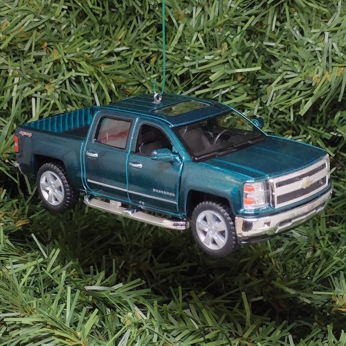 Chevy Silverado Ornament Christmas Tree Decoration Fun Automotive Xmas Gift Idea 5 inches long Green Chevrolet pickup truck