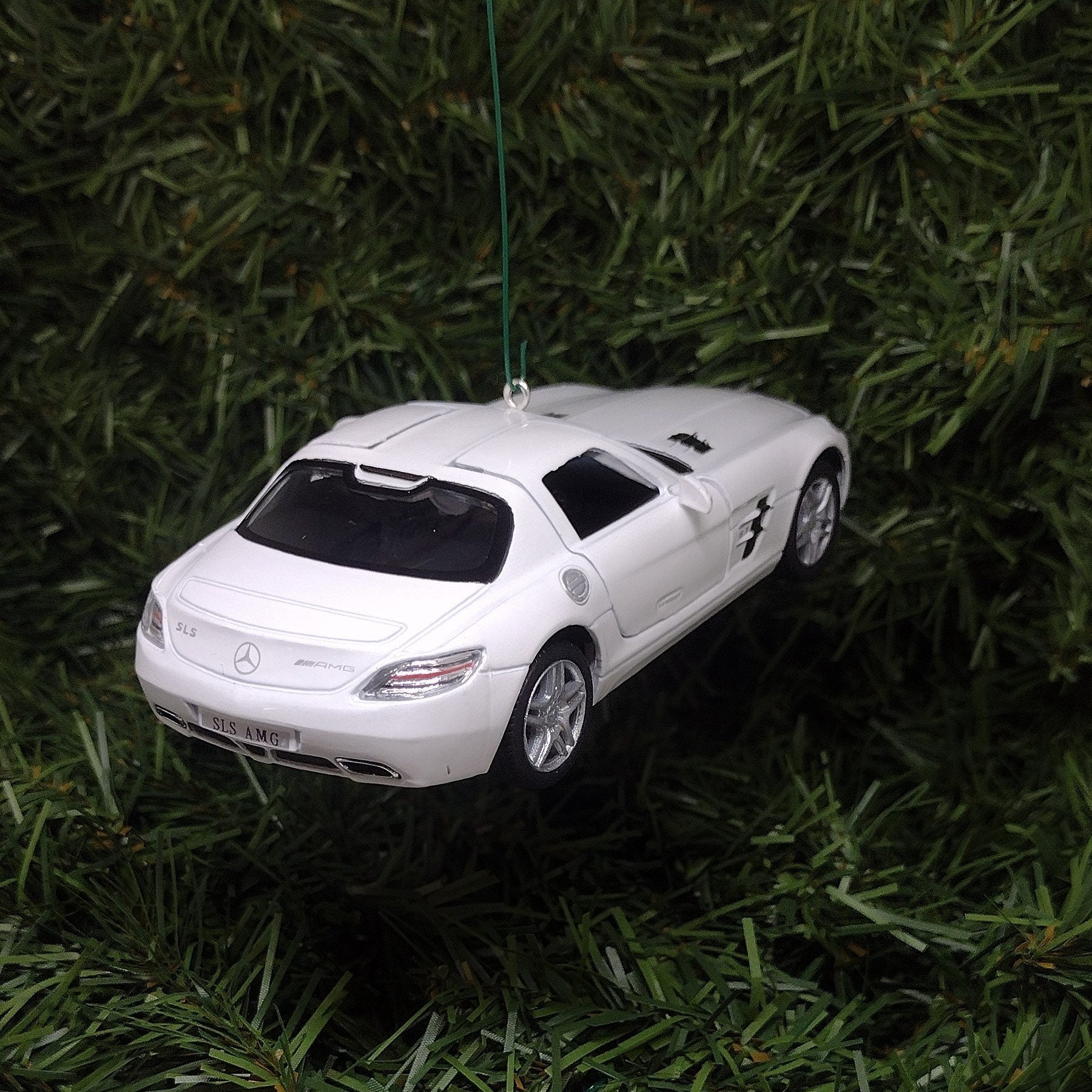 Mercedes SLS AMG Ornament Christmas Tree Decoration Fun Automotive Xmas Gift Idea 5 inches long 2010-2015 White