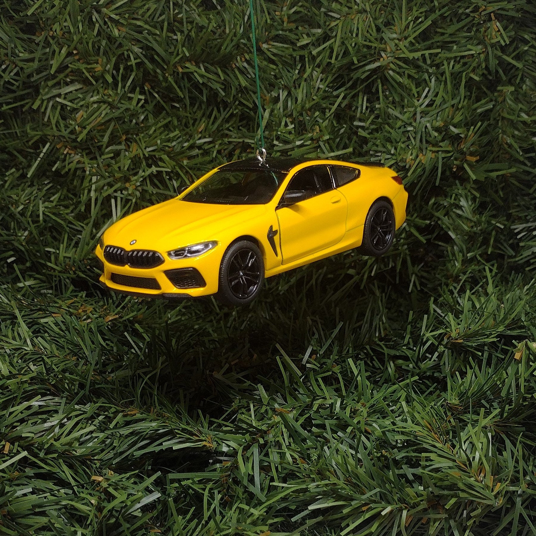 BMW M8 Ornament Christmas Tree Decoration Fun Automotive Xmas Gift Idea 5 inches long Yellow