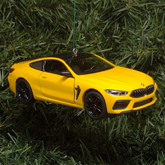 BMW M8 Ornament Christmas Tree Decoration Fun Automotive Xmas Gift Idea 5 inches long Yellow