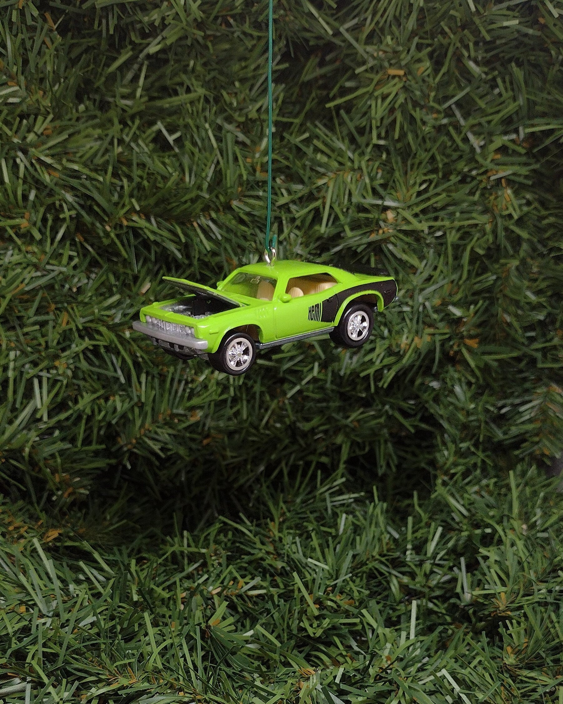 Plymouth Barracuda Ornament 1971 Hemi Cuda Mopar Christmas Tree Decoration Unique Gift Idea Lime Green Hood Opens