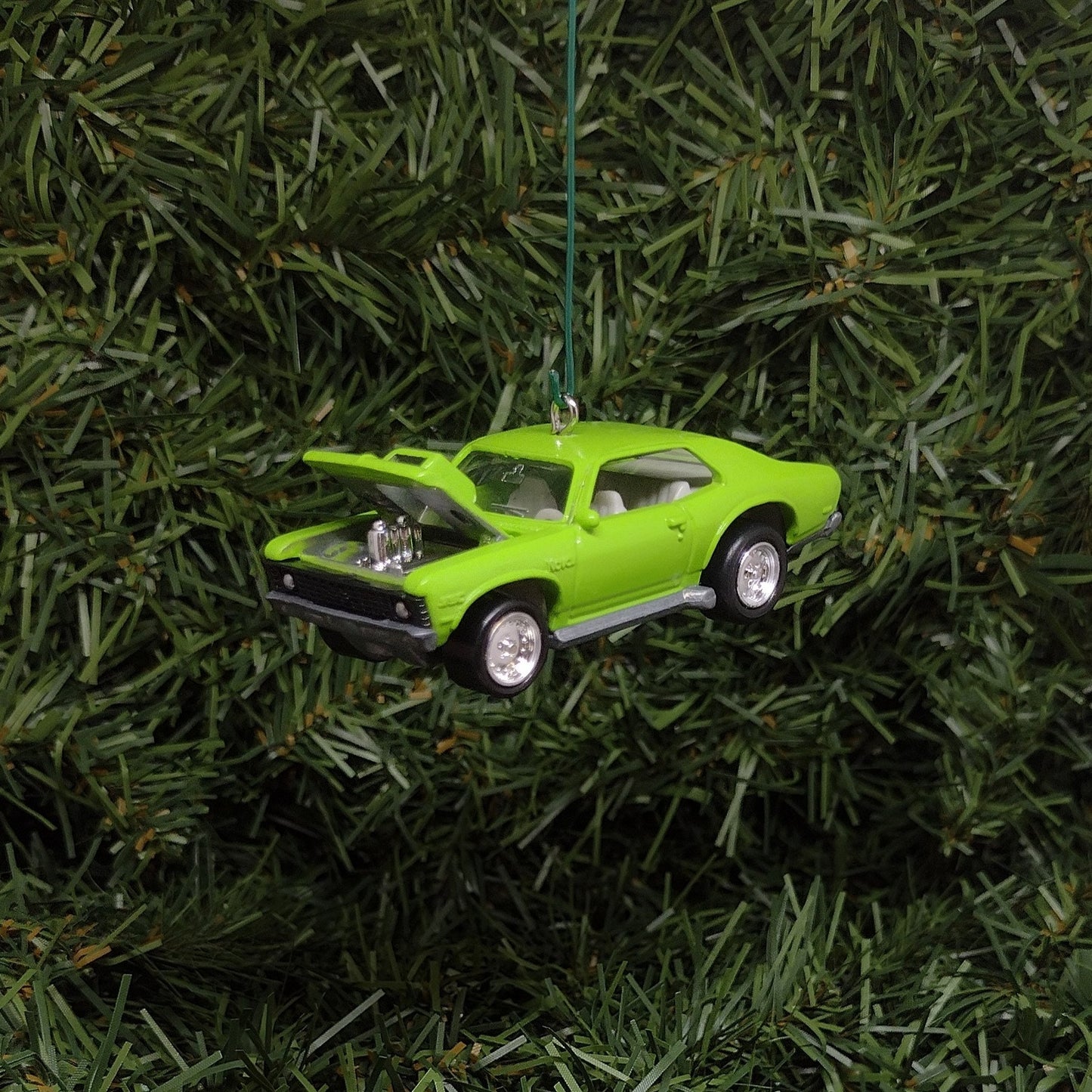 Chevy Nova Ornament 1972 Chevrolet Christmas Tree Decoration Unique Gift Idea Green Hood Opens