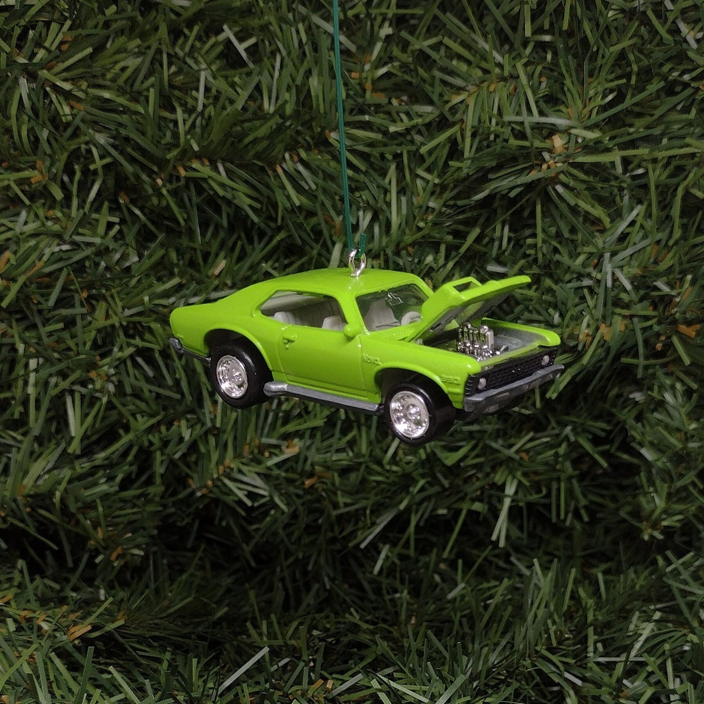 Chevy Nova Ornament 1972 Chevrolet Christmas Tree Decoration Unique Gift Idea Green Hood Opens