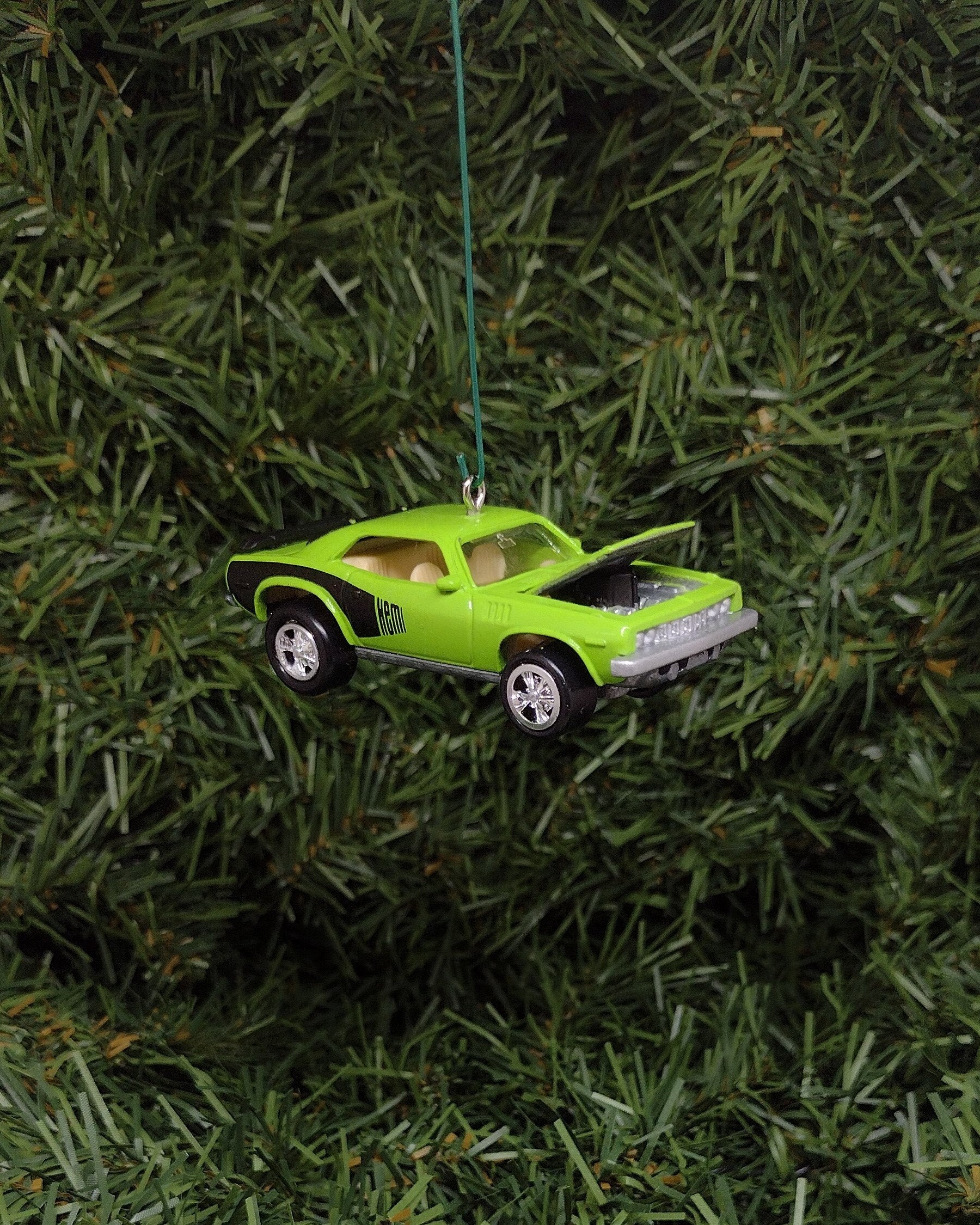 Plymouth Barracuda Ornament 1971 Hemi Cuda Mopar Christmas Tree Decoration Unique Gift Idea Lime Green Hood Opens